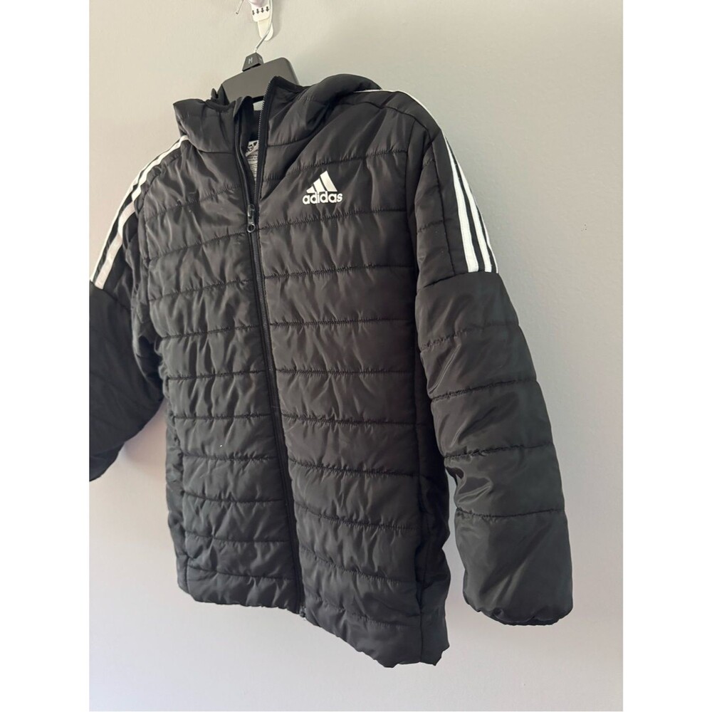 adidas Black Puffer Jacket with White Stripes - Kids 7/8